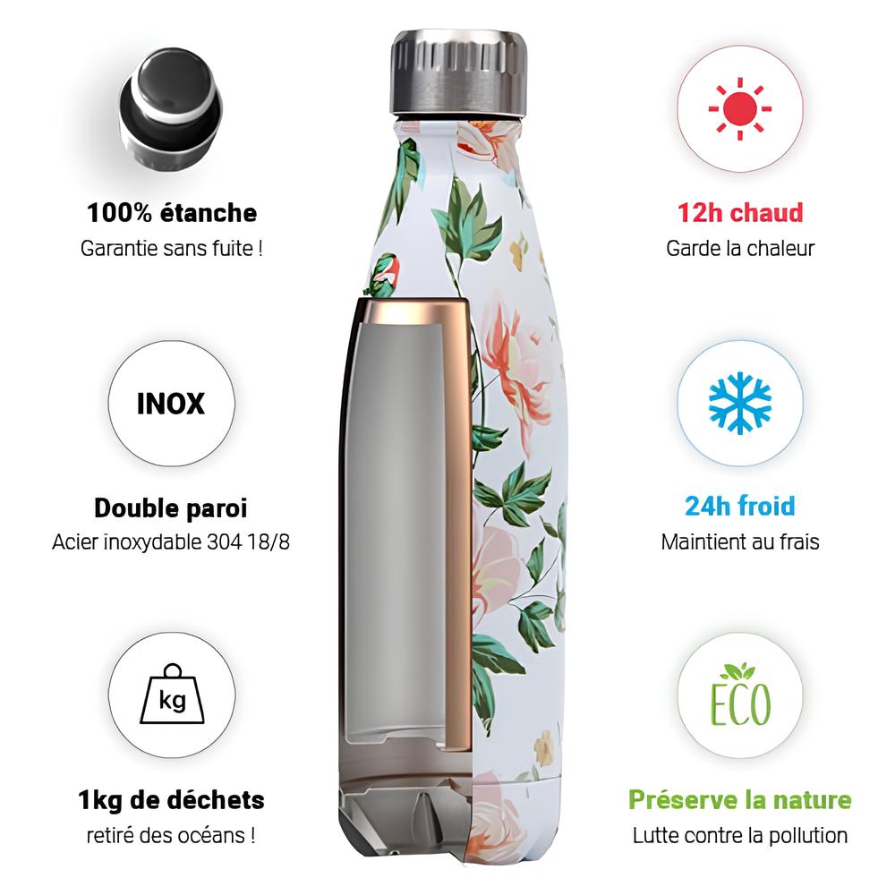 Bouteille en inox Isotherme sans BPA - Les fleurs - UstensilesCulinaires