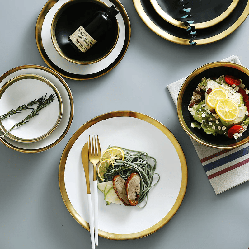 Assiette bord doré | Assiette céramique blanche | Ustensiles Culinaires 
